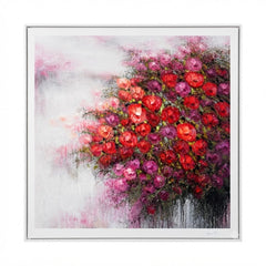 Framed square wall art featuring an expressive floral painting with dense red, pink, and purple flowers against a soft white and gray background.