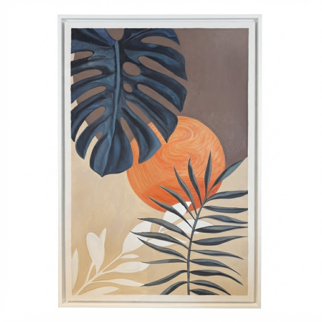 A framed botanical art print featuring a large dark blue monstera leaf, a bright orange sun, and tropical palm leaves on a beige and taupe background, enclosed in a light wood frame.