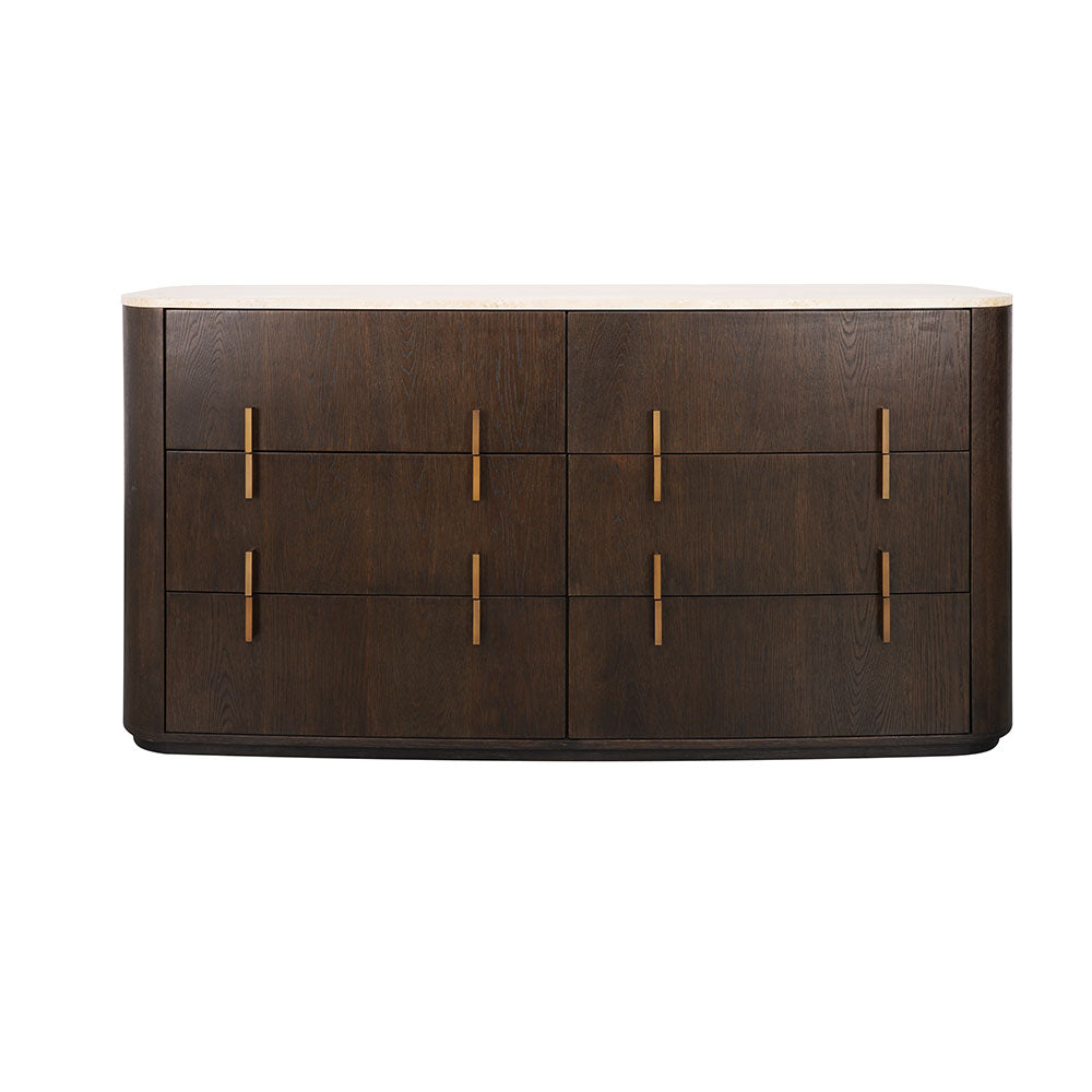 Six-drawer chest of drawers in oak veneer with a natural travertine stone top