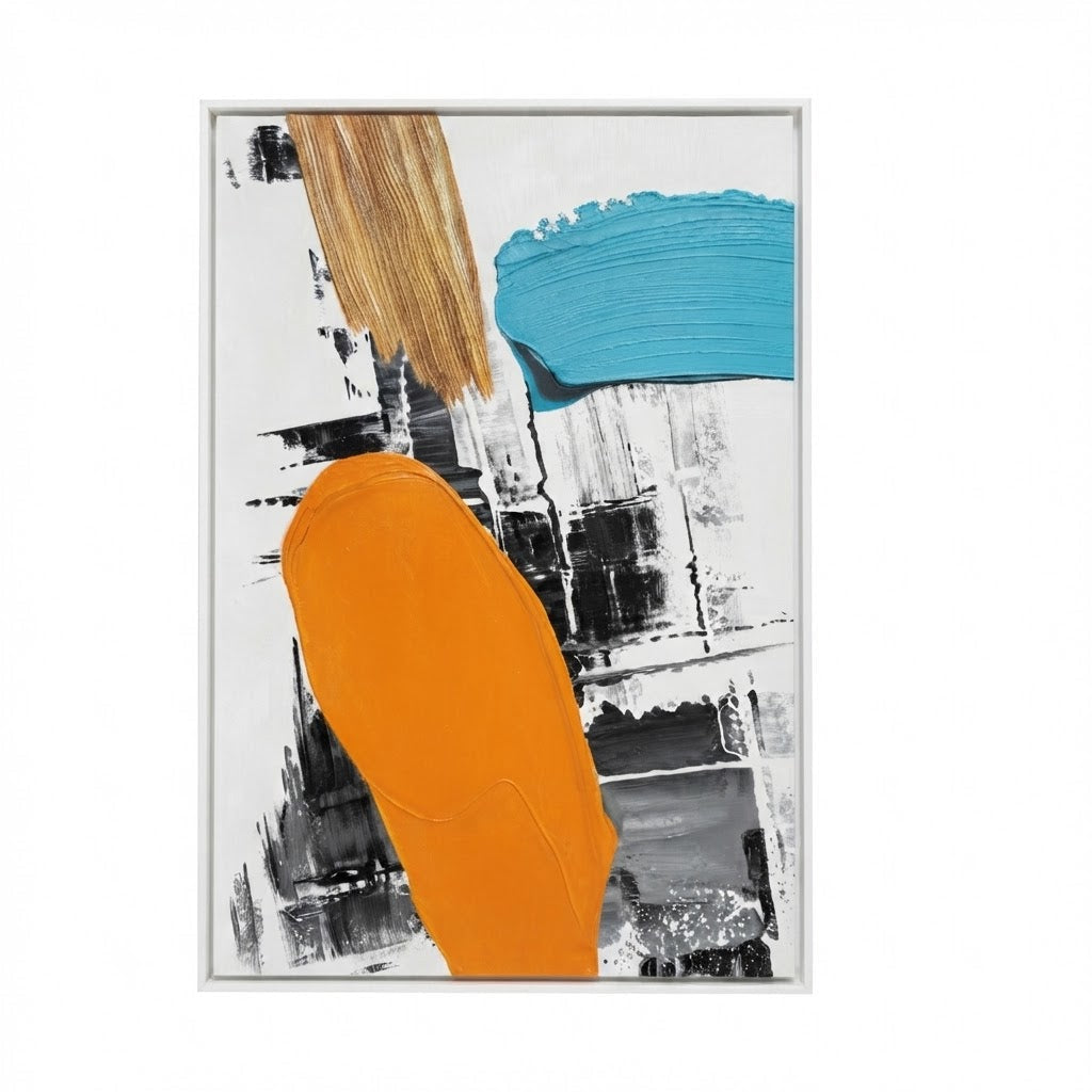 An abstract framed painting featuring bold brushstrokes in bright orange, turquoise blue, black, gray, and brown on a white background, enclosed in a thin white frame.
