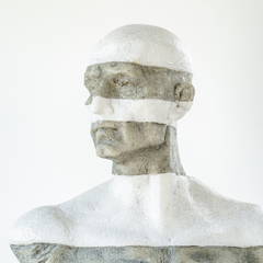 Modern decorative statue featuring a hunched-over male figure, designed with realistic details in marble and resin.