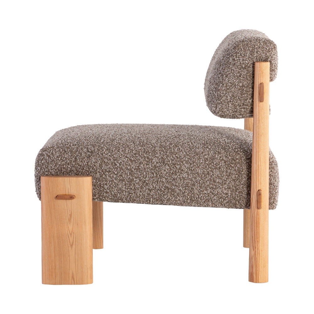 Chair with wooden frame and textured gray cushion on a white background