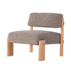 Chair with wooden frame and textured gray cushion on a white background