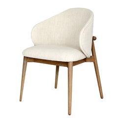 Aina Dining Chair featuring solid oak frame, oat-colored cotton blend upholstery, curved high back, and 4.2 layers of foam for classic comfort and elegance.