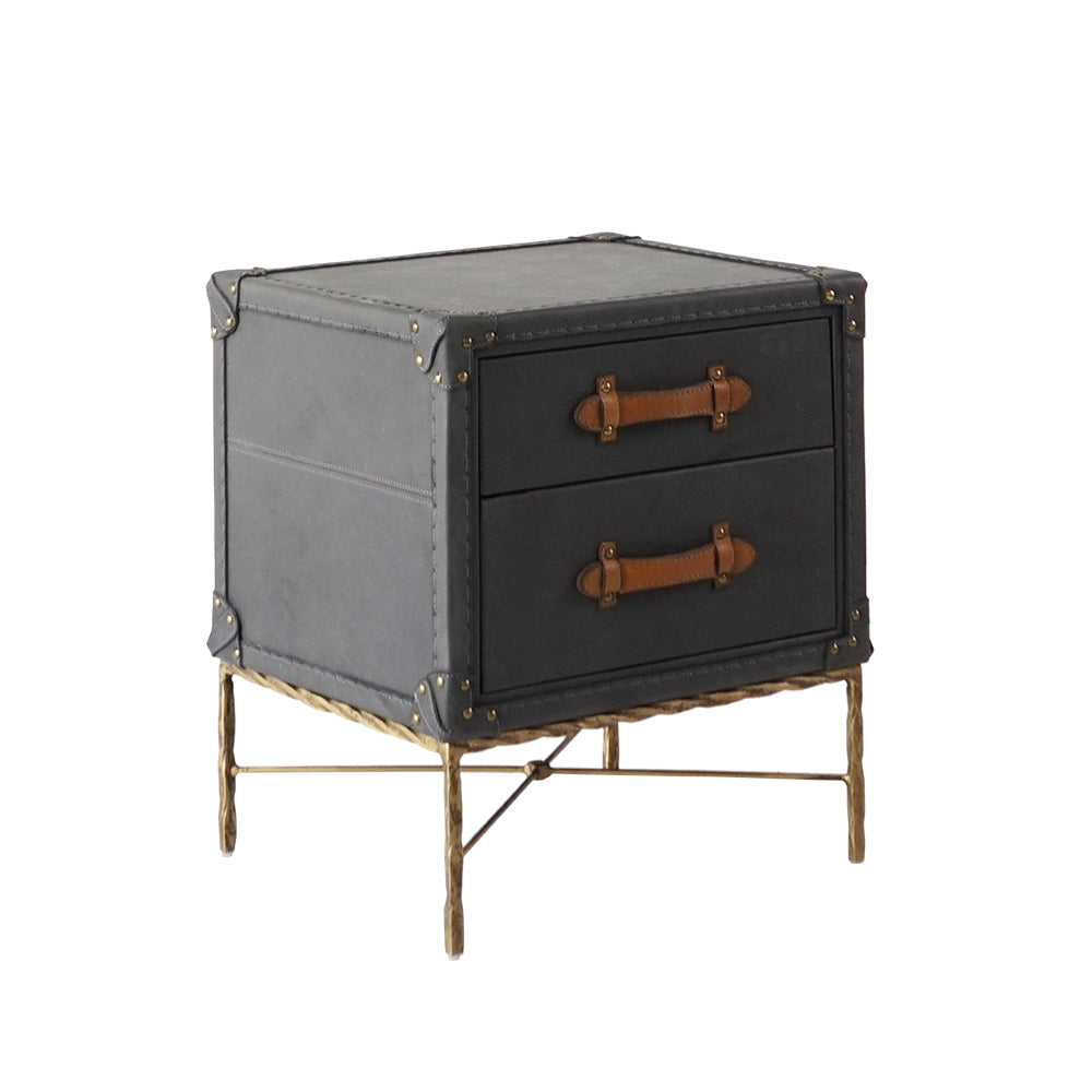 Albi Side Table upholstered in premium matte navy leather with brown leather drawer handles, supported by a sturdy wrought iron frame, combining mid-century modern style, luxury design, and functional storage for living rooms or bedrooms.