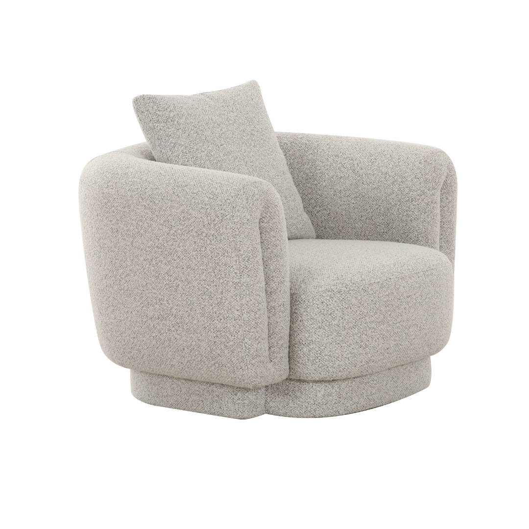 Modern grey boucle armchair with elegant armrests, ideal as a stand-alone accent chair or part of a lounge set.