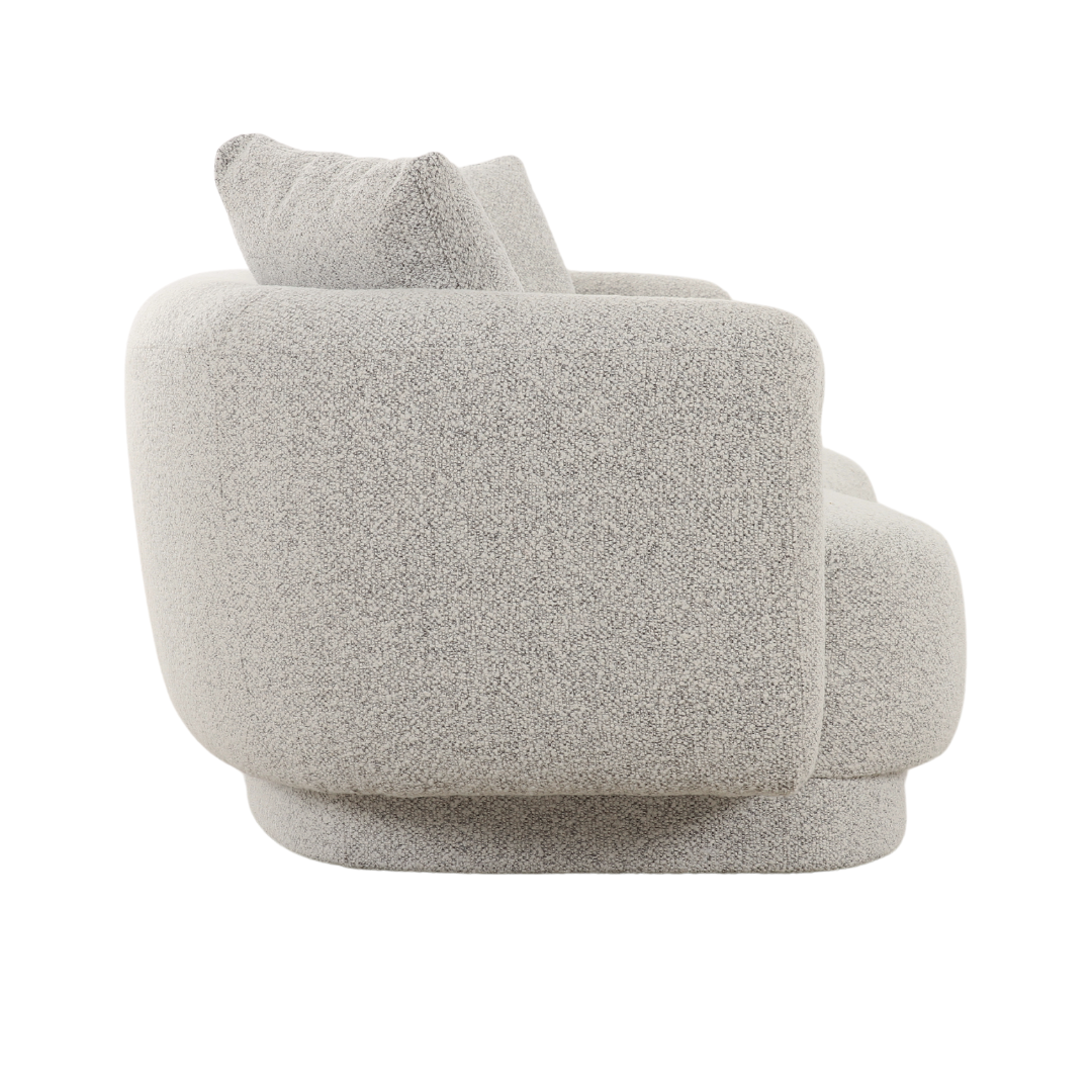 Alborg Grey Boucle Armchair side view, grey boucle fabric armchair with curved armrests, modern designer accent chair