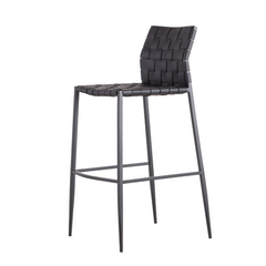 Modern Almos Bar Stool with premium saddle leather seat and sleek steel frame, perfect for kitchens and home bars.
