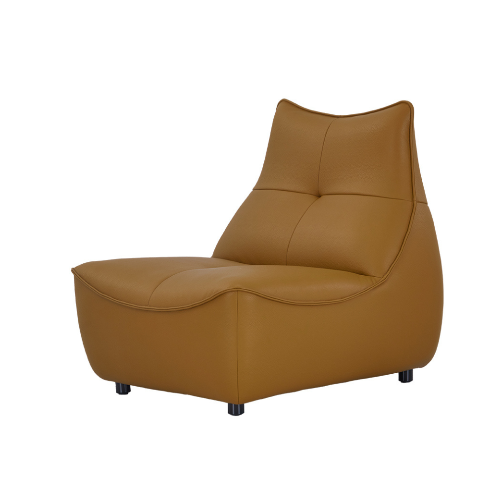 Contemporary caramel leather armchair with sculpted lines and plush cushioning, ideal for modern interiors.