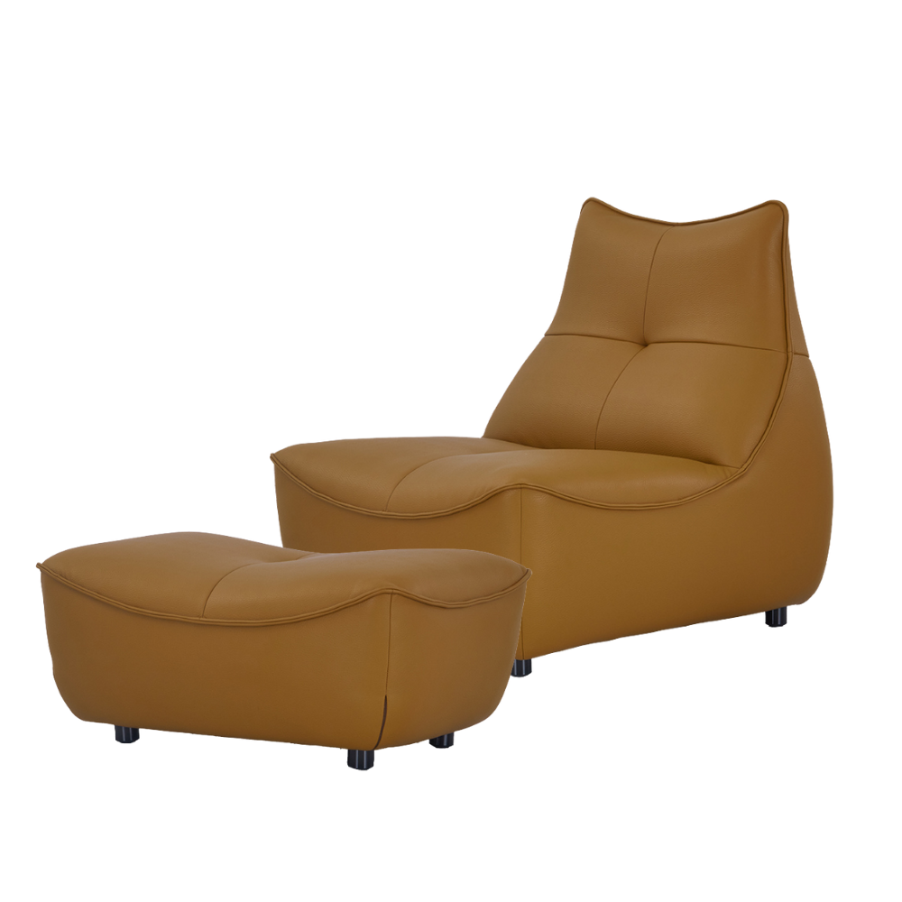 Modern caramel leather armchair paired with matching ottoman, featuring soft curves and minimalist design.