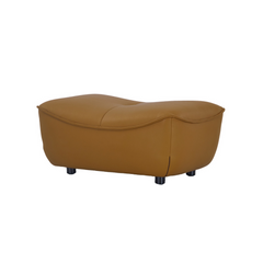 Softly contoured leather ottoman in caramel brown, designed to pair with the Alten armchair or serve as a standalone footrest.