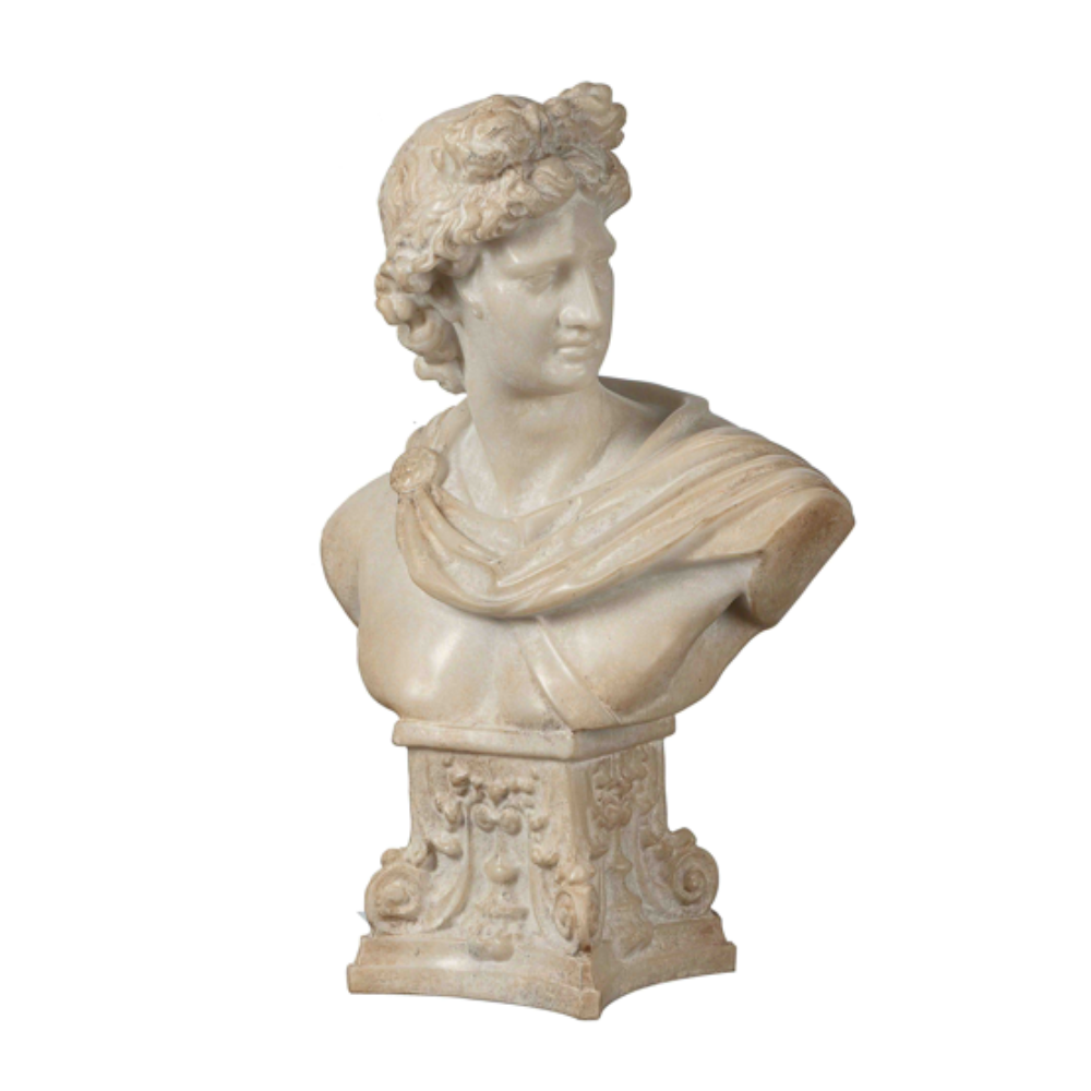 Resin bust of Apollo featuring detailed facial features, flowing hair, and a serene classical expression.