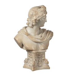 A detailed resin Apollo bust featuring classical Greek god artistry with intricate facial details, flowing hair, and a refined neoclassical design, ideal for luxury home décor and artistic interior accents.