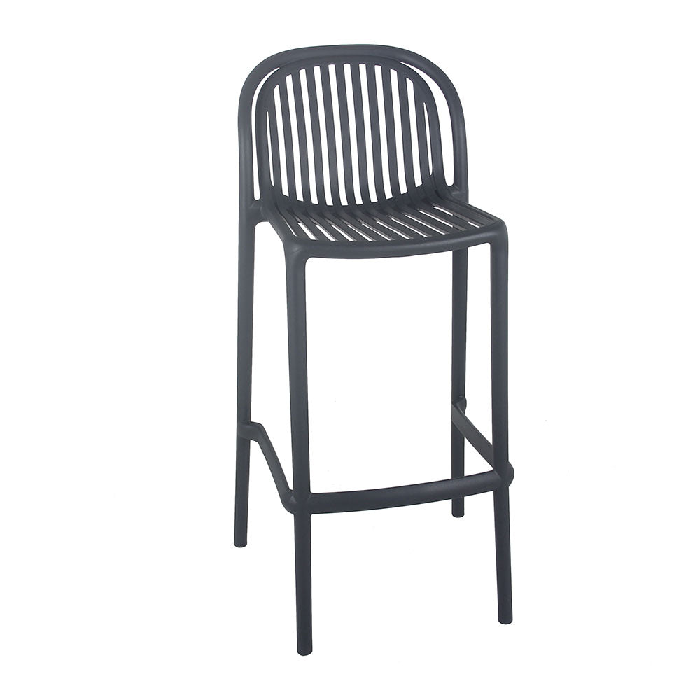 Asta Barstool featuring black UV-protected plastic frame, weather-resistant construction, rounded back design with water escape gaps, providing modern and durable indoor/outdoor seating.