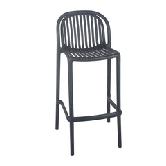 Asta Barstool featuring black UV-protected plastic frame, weather-resistant construction, rounded back design with water escape gaps, providing modern and durable indoor/outdoor seating.