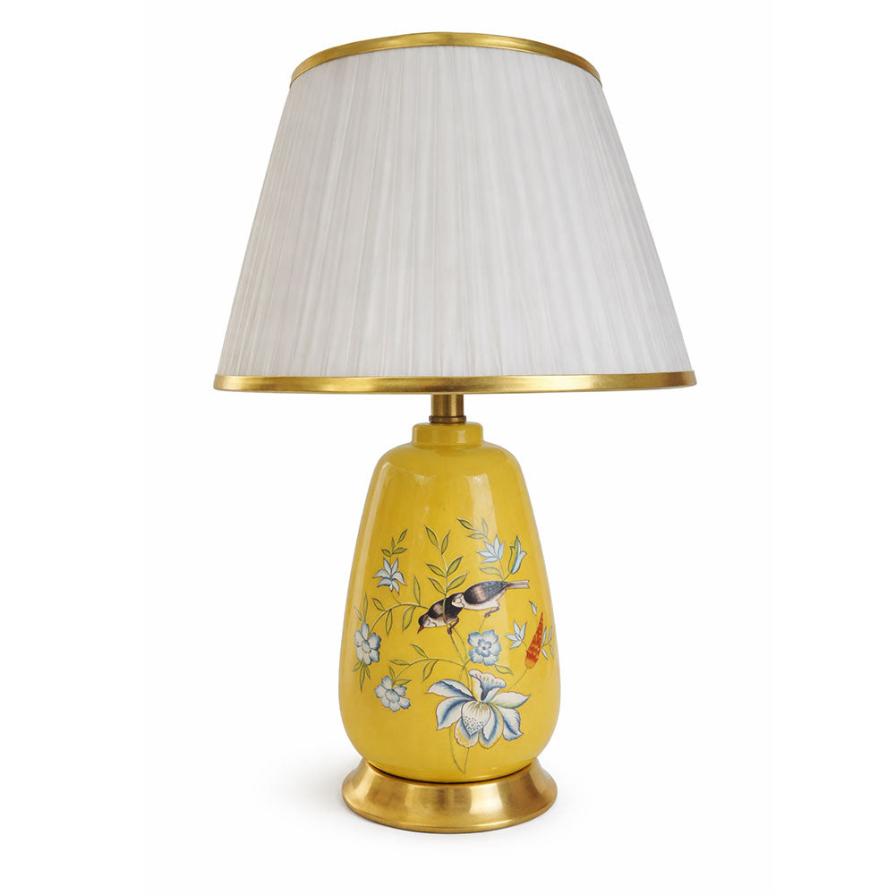 Yellow floral and bird print ceramic table lamp