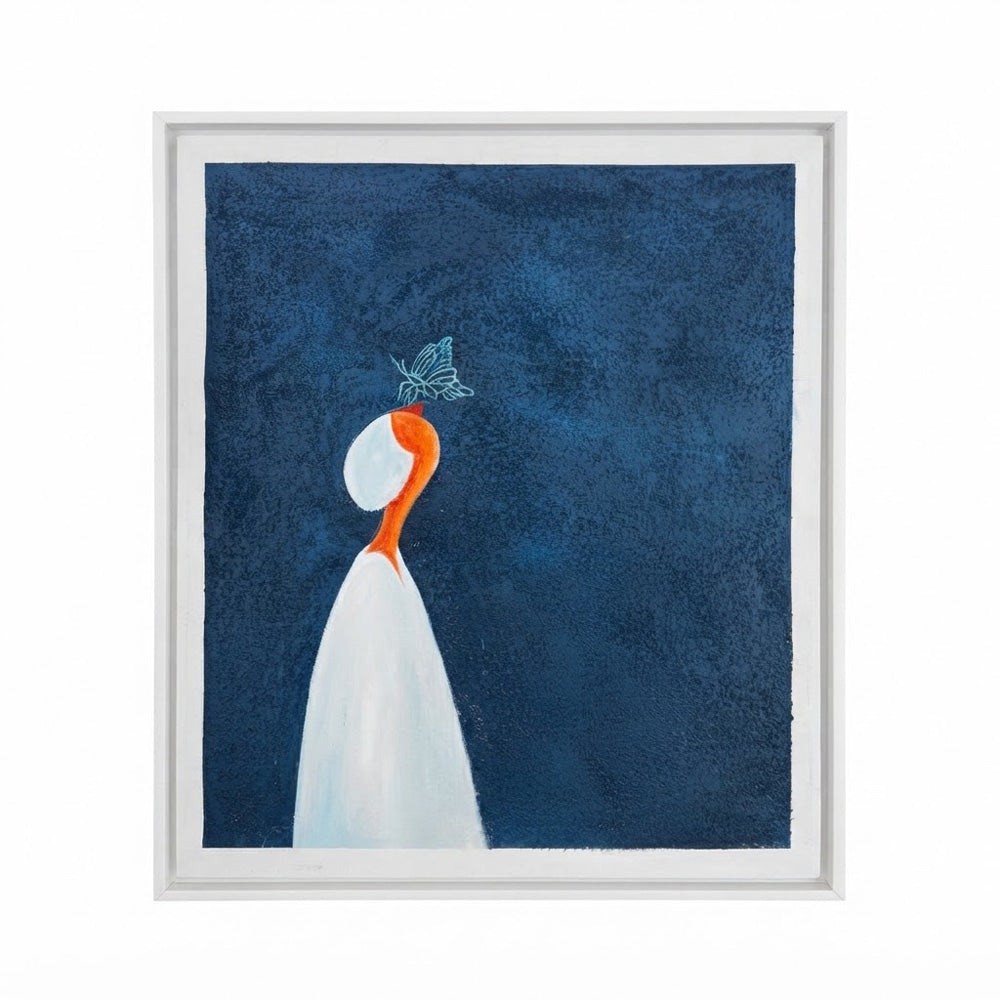 Oil Painting Blue Background a man's nose has a butterfly
