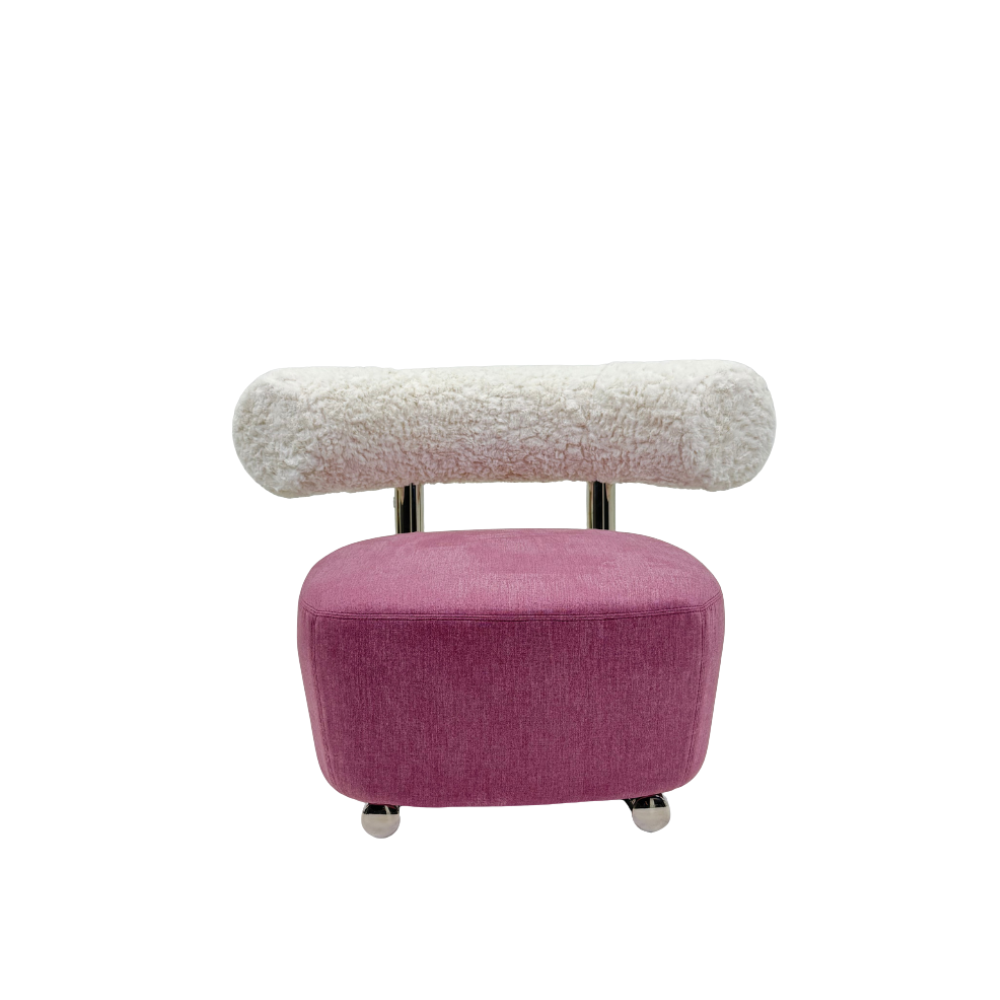 Statement lounge chair featuring a colorful seat and soft, fluffy backrest on a sleek metal frame, perfect for playful modern interiors.