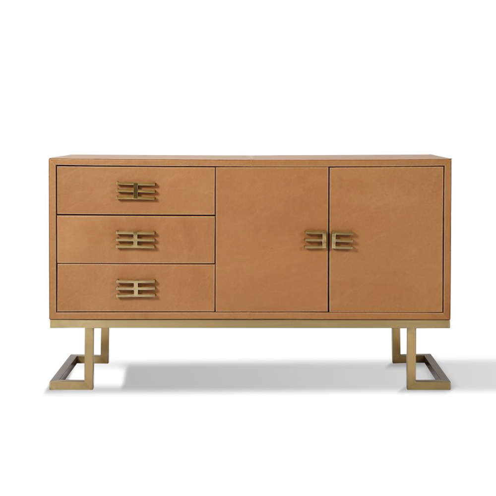 Briston leather sideboard in rich brown top-grain leather with golden accents, ideal for luxury dining room or living room storage.