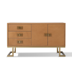 Briston leather sideboard in rich brown top-grain leather with golden accents, ideal for luxury dining room or living room storage.