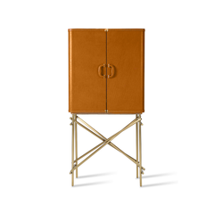 Luxury Briston wine cabinet in full-grain cowhide leather with brushed golden frame, perfect for modern home bar storage