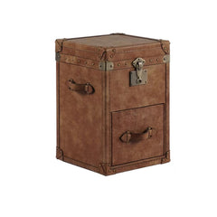 Bronte side table in rich brown leather with gold accents and drawer. A refined, functional piece that adds luxury and versatility to any modern space.