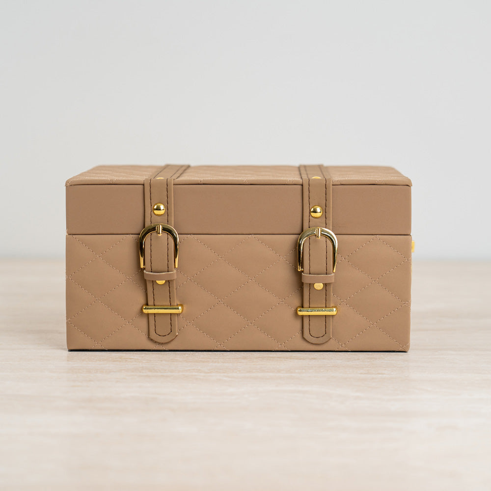 Cael storage box in quilted leather-look design for stylish home or office organization.