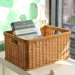 Classic rectangular plastic rattan basket with handles, ideal for toiletries, kitchen essentials, or decorative items.