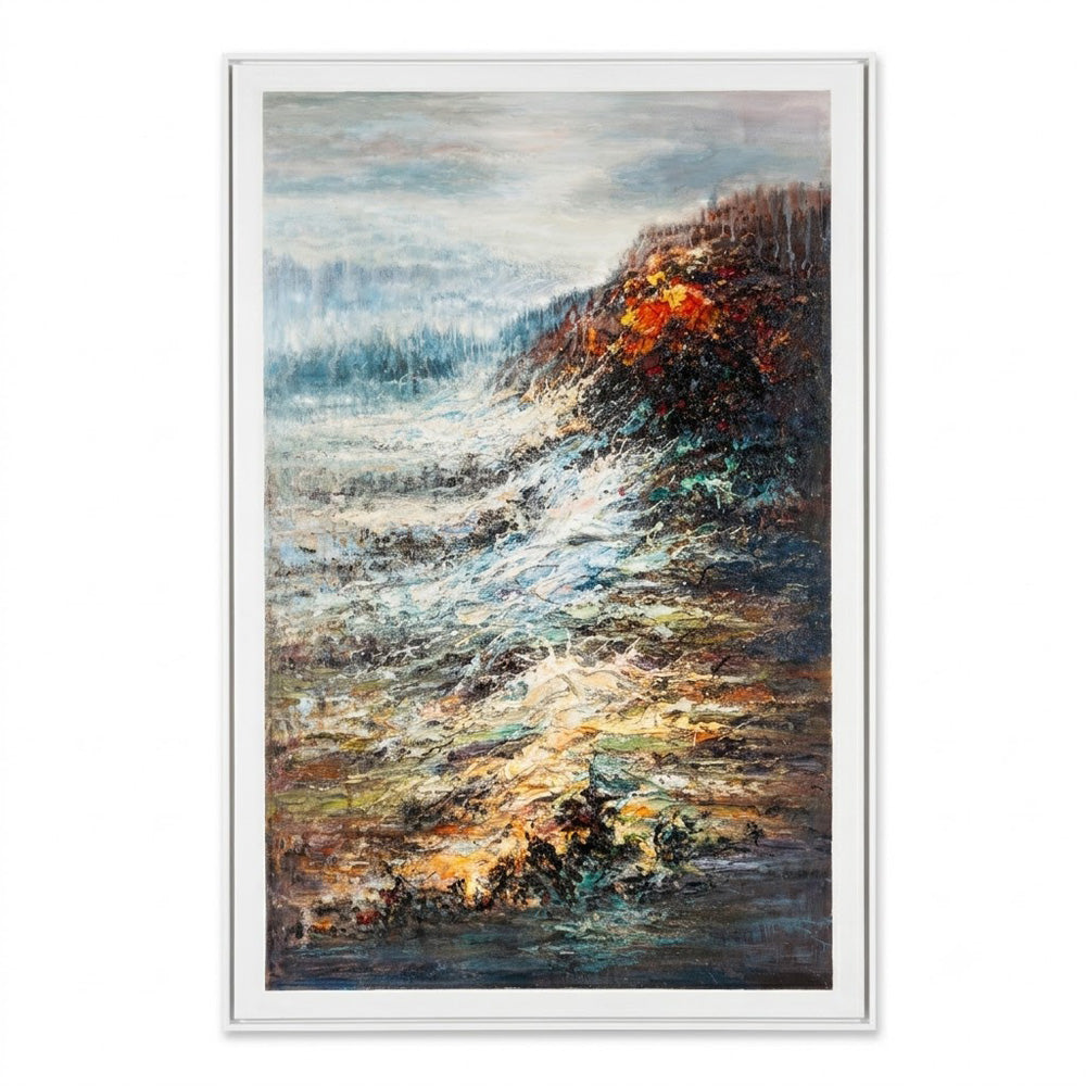Immerse your space in the raw energy of nature with "Red Cliff," a breathtaking original oil painting that perfectly blends contemporary impressionism with expressive abstraction. This piece captures a powerful coastal collision, where churning, light-reflecting waves crash against a towering, fiery shoreline. Masterfully rendered with rich textures and dynamic palette knife strokes, the artwork transitions beautifully from muted, misty skies to vibrant bursts of deep orange, gold, and earthy tones along th