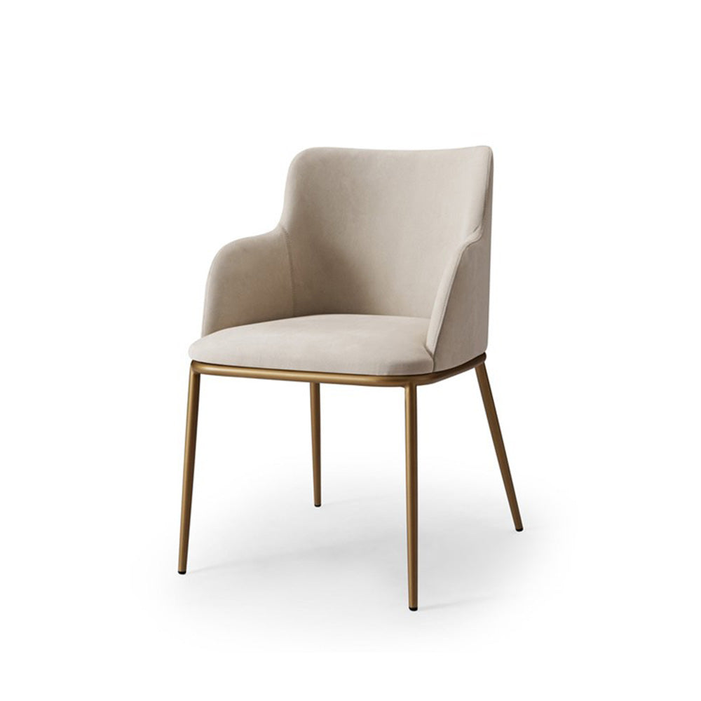 Side angle highlighting curved armrests and brushed metal legs