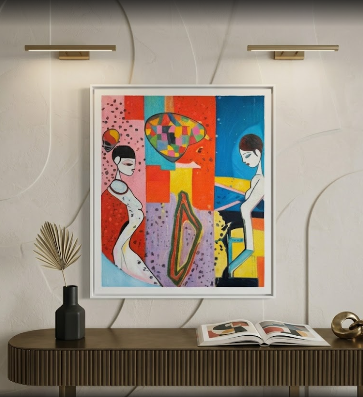 A framed abstract art print featuring two stylized figures in a colorful geometric composition, displayed on a light beige textured wall above a brown console table with a vase and an open book.