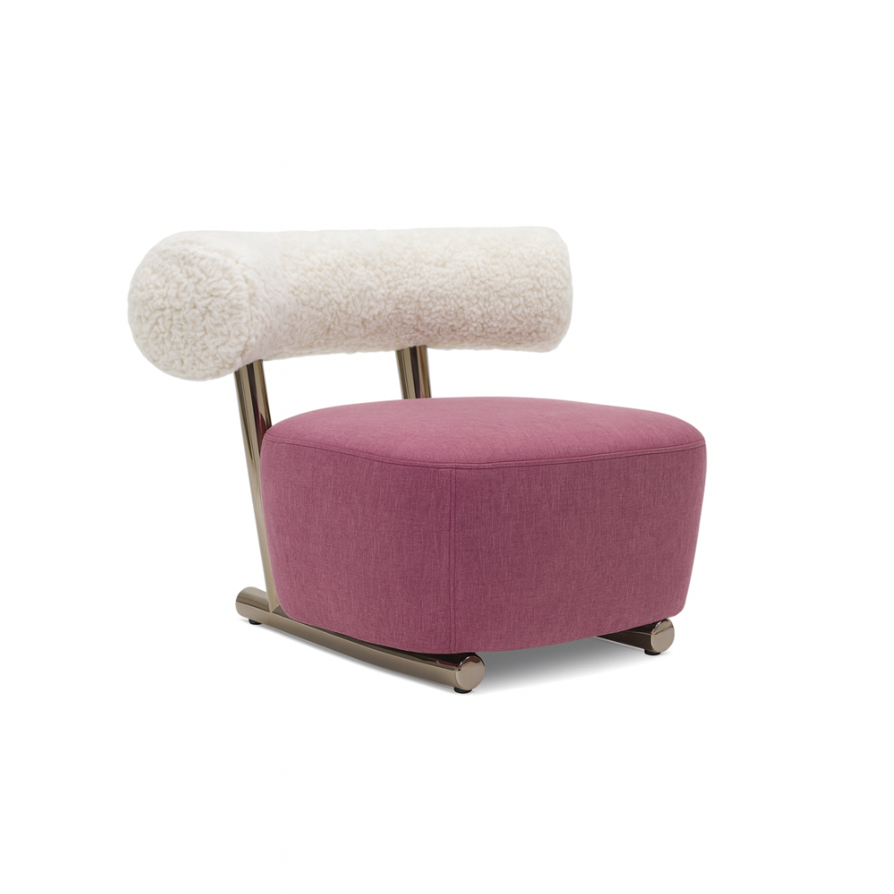 Contemporary lounge chair featuring a beige linen seat and plush teal pink sherpa cylindrical backrest, supported by sleek silver metal legs.