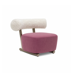 Contemporary lounge chair featuring a beige linen seat and plush teal pink sherpa cylindrical backrest, supported by sleek silver metal legs.