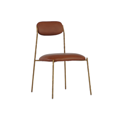 Dinan Dining Chair featuring top-grain leather upholstery and a forged iron frame, offering classic elegance and minimalist design for modern dining spaces.
