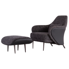 Modern luxury armchair set upholstered in premium cotton linen fabric with matching ottoman and sleek stainless steel frame.