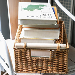 Durable rectangular plastic rattan basket with wooden handles, versatile for kitchen, bathroom, or office organization.