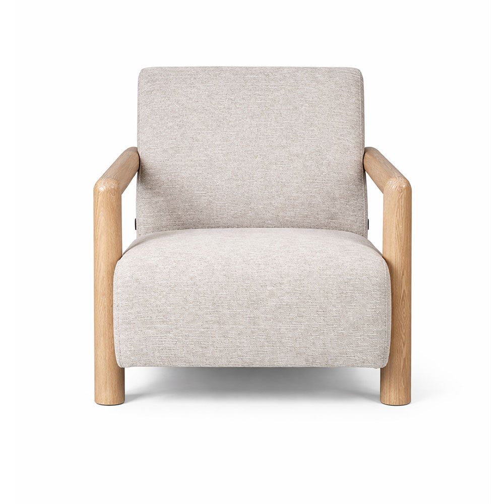 Modern fabric armchair with solid ash wood legs and clean architectural lines.