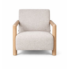 Modern fabric armchair with solid ash wood legs and clean architectural lines.