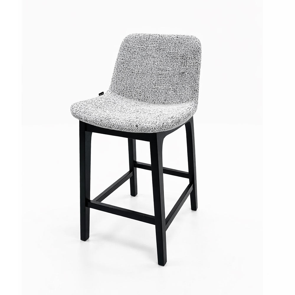 Stylish fabric bar stool featuring comfortable grey upholstery and sturdy dark timber legs, perfect for contemporary kitchens and dining spaces.