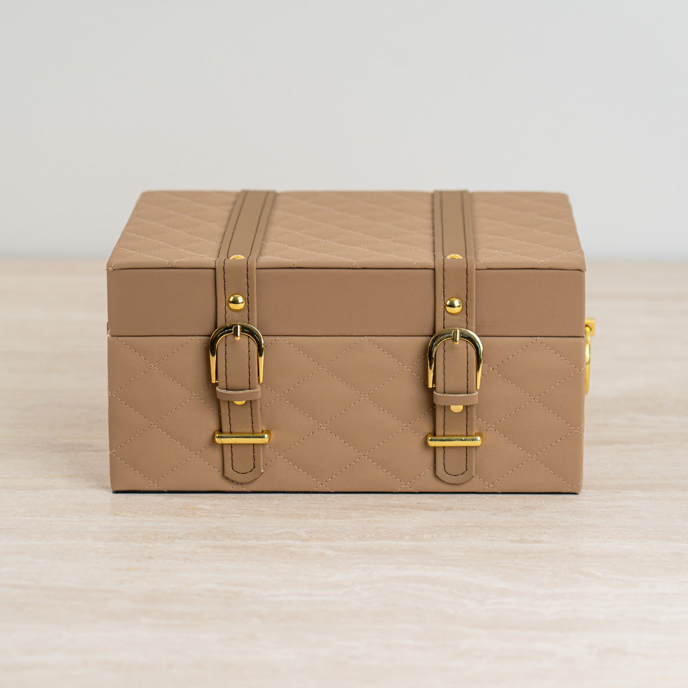 High-quality leather-look storage box with sophisticated quilted pattern.