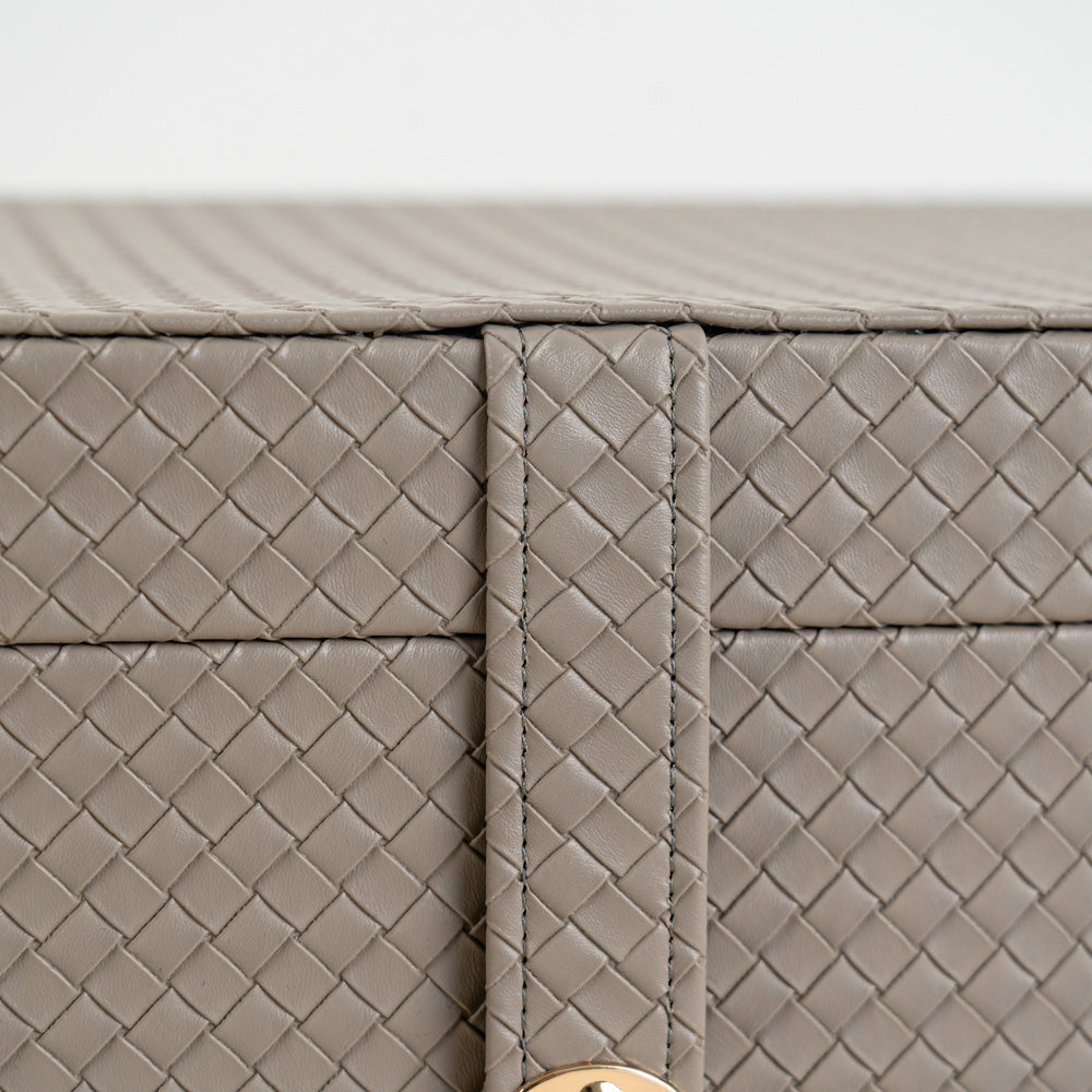 Contemporary storage box perfect for dresser, desk, or shelf placement.