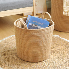 Elegant jute fabric storage basket, versatile and lightweight, suitable for both decorative and practical use.