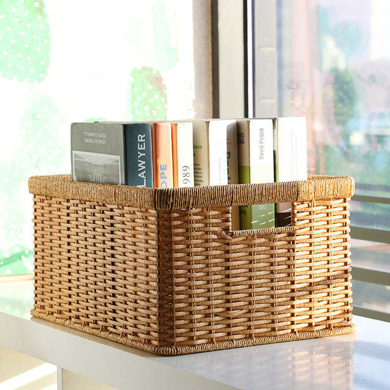 Elegant rectangular storage basket crafted from durable plastic rattan, designed for versatile home organization.