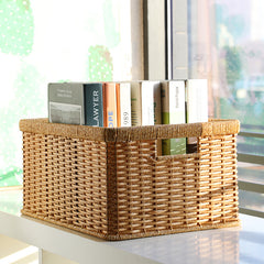 Elegant rectangular storage basket crafted from durable plastic rattan, designed for versatile home organization.