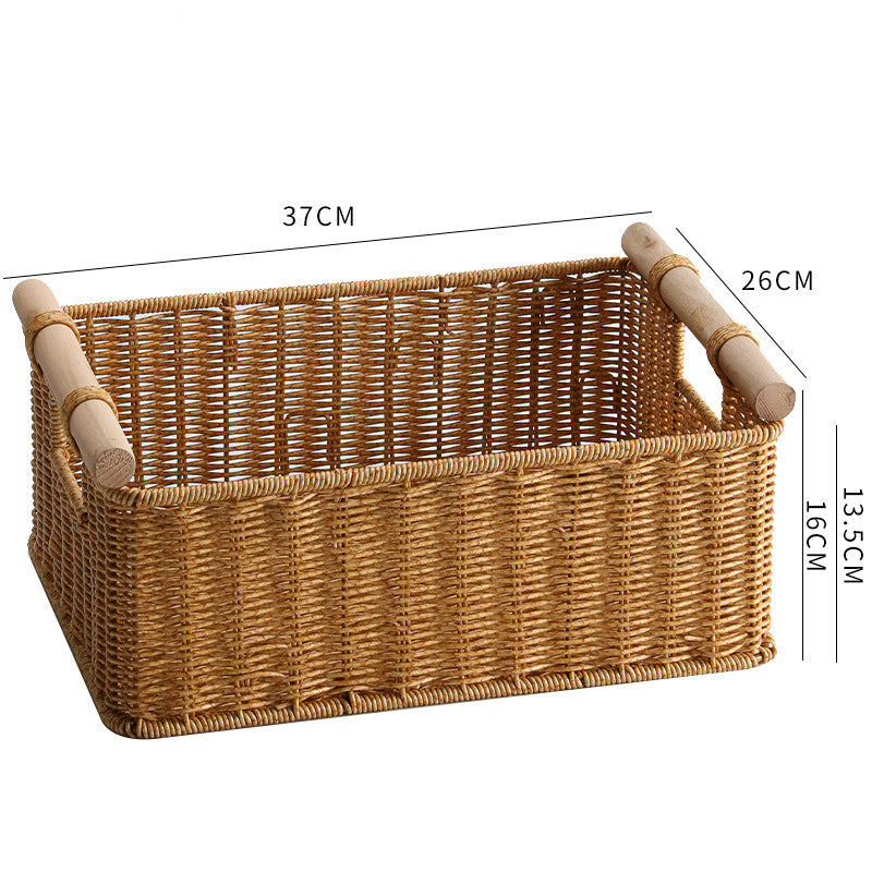 Elegant rectangular storage basket made of plastic rattan with sturdy wood handles, perfect for modern and traditional interiors.