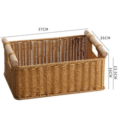Elegant rectangular storage basket made of plastic rattan with sturdy wood handles, perfect for modern and traditional interiors.