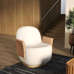 Elegant designer lounge chair in soft chenille with sculptural wooden panels, ideal for bedrooms or living rooms.