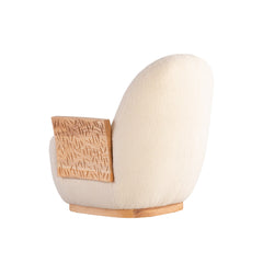 Scandinavian-inspired armchair with premium chenille fabric and artisan carved wooden sides.
