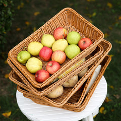 Essential plastic rattan storage baskets in shallow rectangular design, ideal for kitchen, bathroom, bedroom, or office organization.
