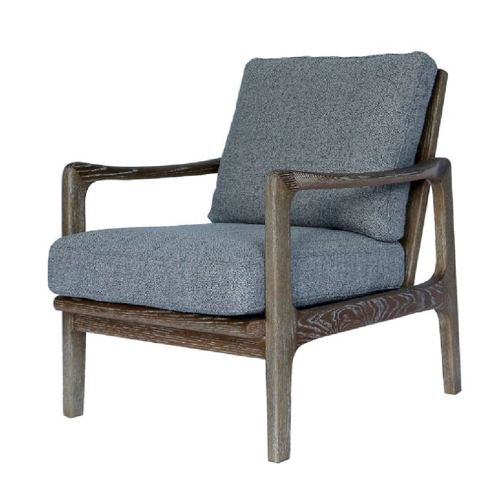 Estrid Accent Armchair featuring solid oak frame, bouclé-style grey fabric with silk underlay, angled ladder-back design, and 4.2 layers of foam for modern comfort and elegance.